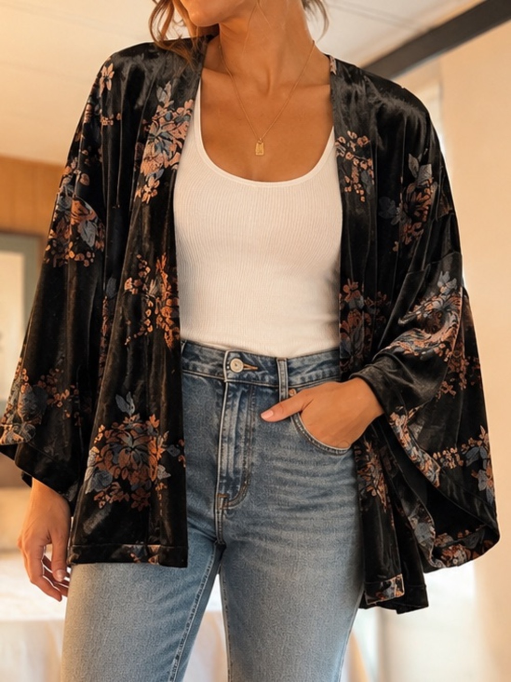 LOFT Velvet Kimono Cardigan Wrap One Size Dark Floral Green Copper Blue